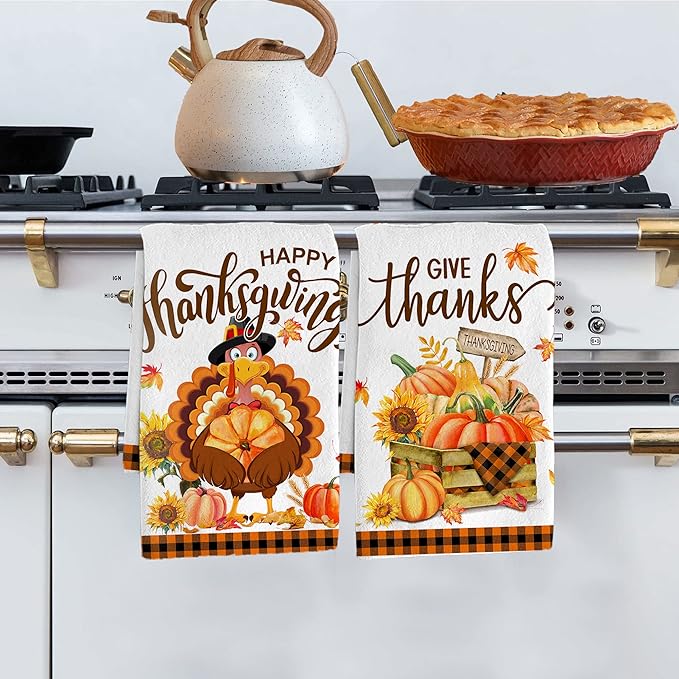 Hexagram Thanksgiving Kitchen Towels-Thanksgiving Kitchen Decor, Decorative Dish Tea Towels with Sayings-Fall Housewarming Gifts for Decorations, Turkey and Pumpkins Hand Towels Set of 4