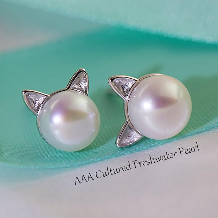 Wicary Cat Earrings Sterling Silver Pearl Earrings for Women Cat Stud Earring for Cat Lovers