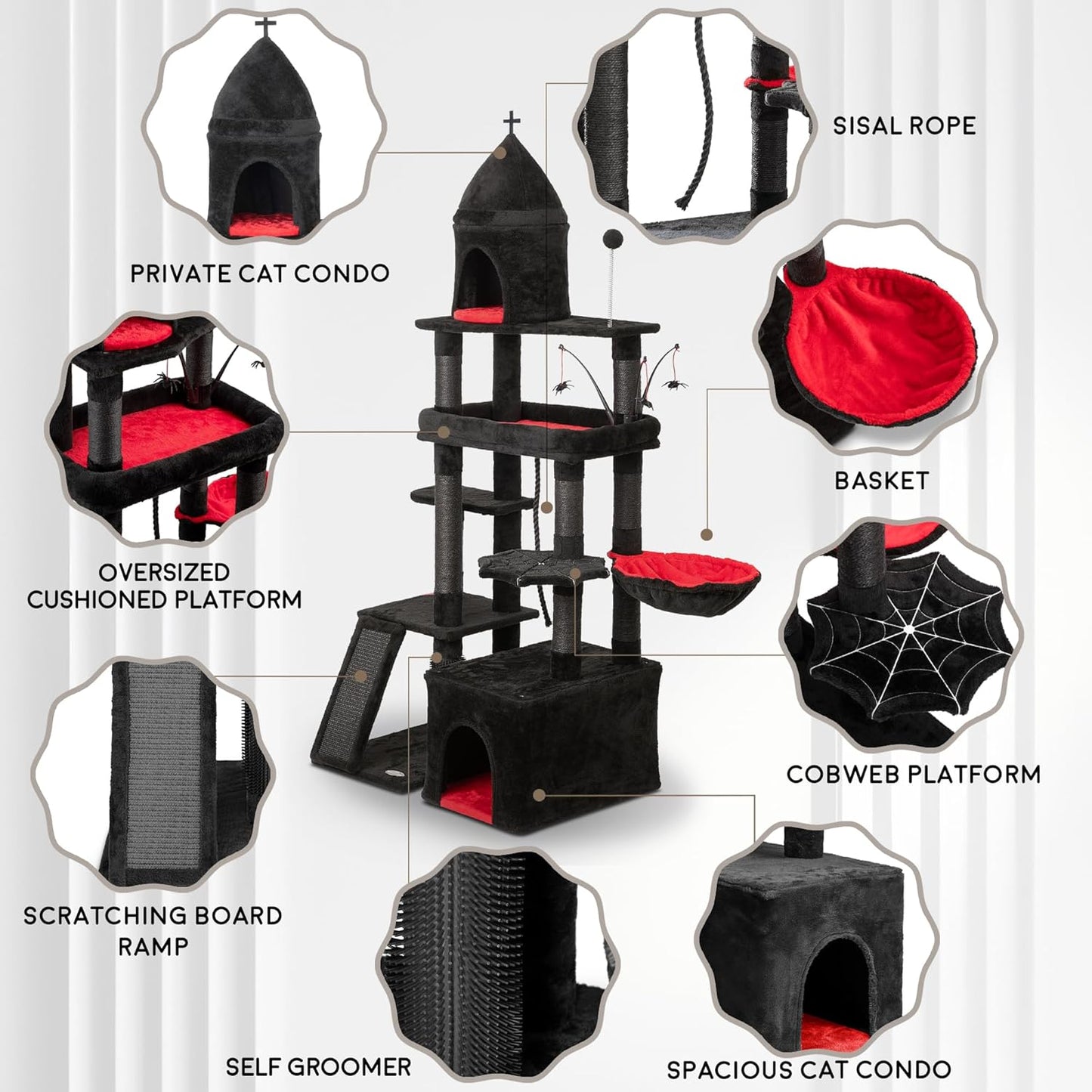 Large Cat Tree Tower for Large Cats, Cat Scratching Post, Self Grooming Post, Interactive Cat Toys, Oversized Perch and Basket, Heavy Duty 72", Black and Red