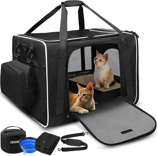 Petskd Extra Large Cat Carrier with Litter Box 24"x17"x17" for Medium Large Cat or 2 Small Cats, Collapsible Soft Sided Pet Carrier for Car Travel with Lockable Safety Zippers(Black)