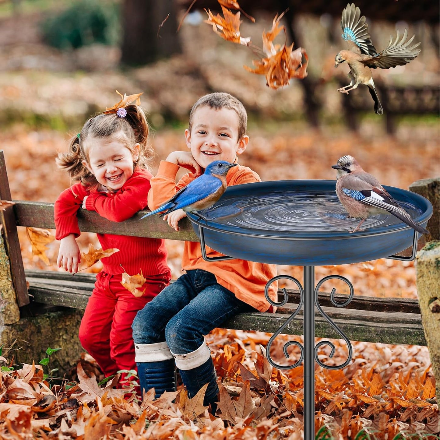 Metal Bird Bath for Outside,Bird Baths Feeder Bowl with 5 Prongs Base Stake,Freestanding BirdBaths for Outdoors Garden Patio Yard Lawn Decor (Vintage Blue)