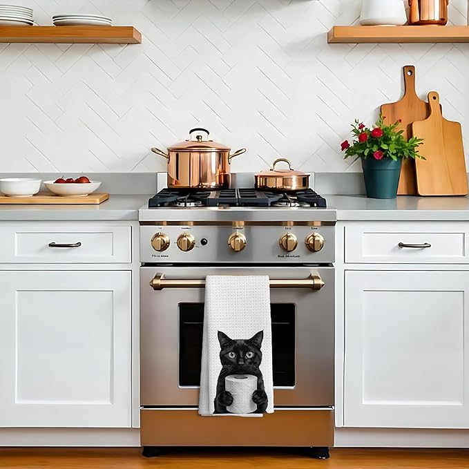 Funny Black Cat Hand Towels, Cat Bathroom Decor, Cats Lover Mom Lady Gifts Hand Towels for Bathroom Kitchen Decor, Cute Black Kitten Decorative Kitchen Dish Tea Towels, 16x24 Inch