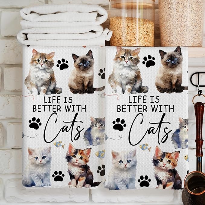 Watercolor Cat Kitchen Towels Set of 2, Cats Gifts for Women Cat Lovers, Cats Owner Gifts Decoration Tea Towels Kitchen Hand Towels 16x24 Inch