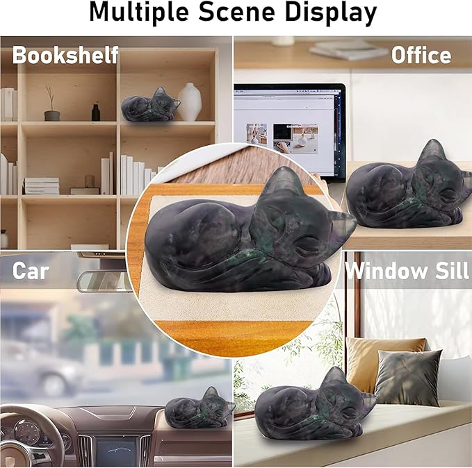 2" Sleeping Cat Statue Rainbow Fluorite Healing Crystals Hand Carved Cute Kitten Figurine, Worry Stone for Anxiety Relif Home Desk Decor Animal Figurine