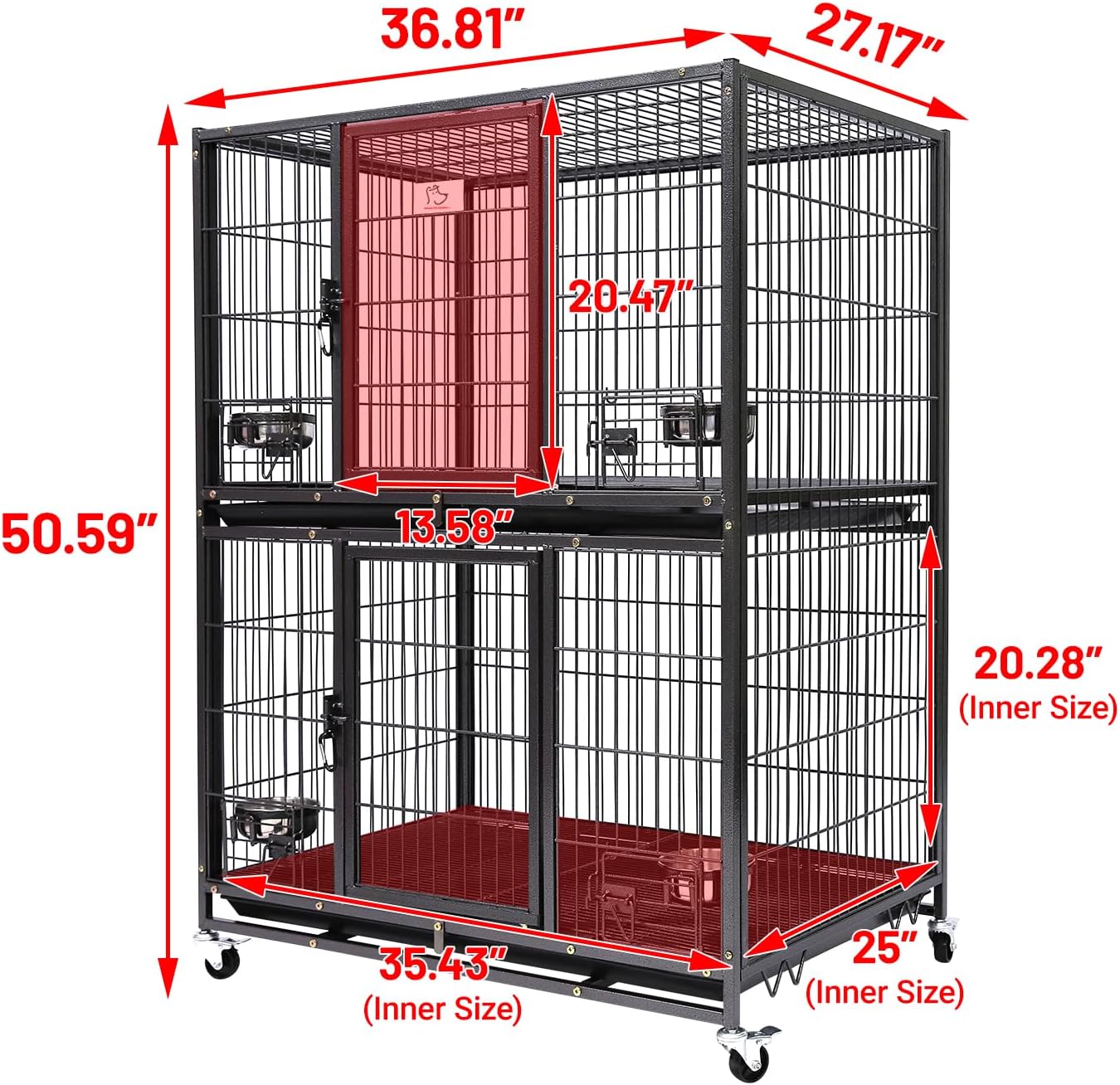 Homey Pet Two Tiers 37 Inch Dog Crate Cage Kennel with Feeding Door and Bowls, Lockable Wheels and Removable Tray, Escape Proof Metal Wire Heavy Duty Dog Crates for Medium/Small Sized Dogs (6 Pack)