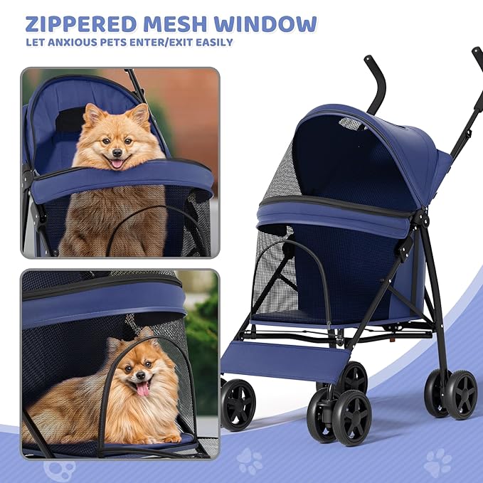 Magshion Compact Pet Stroller for Small-Medium Dogs/Cats up to 22lbs, 4-Wheel Lightweight Umbrella Shaped Portable Puppy Travel Jogger with Breathable Mesh, Cup Holder & Rear Storage, Navy Blue