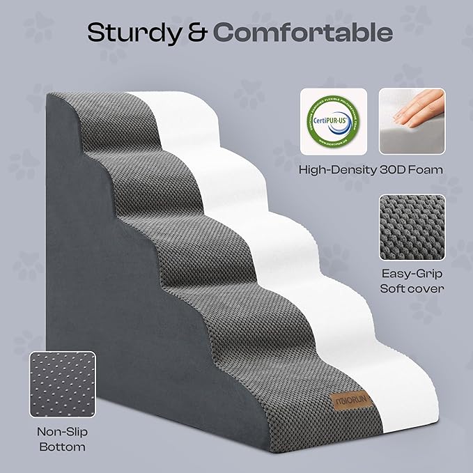 5-Step Curved Dog Stairs for High Beds Up to 30", Non-Slip Foam Pet Ramp for Large Dogs and Cats, Washable Cover, Soft Climbing Steps for Couch & Sofa