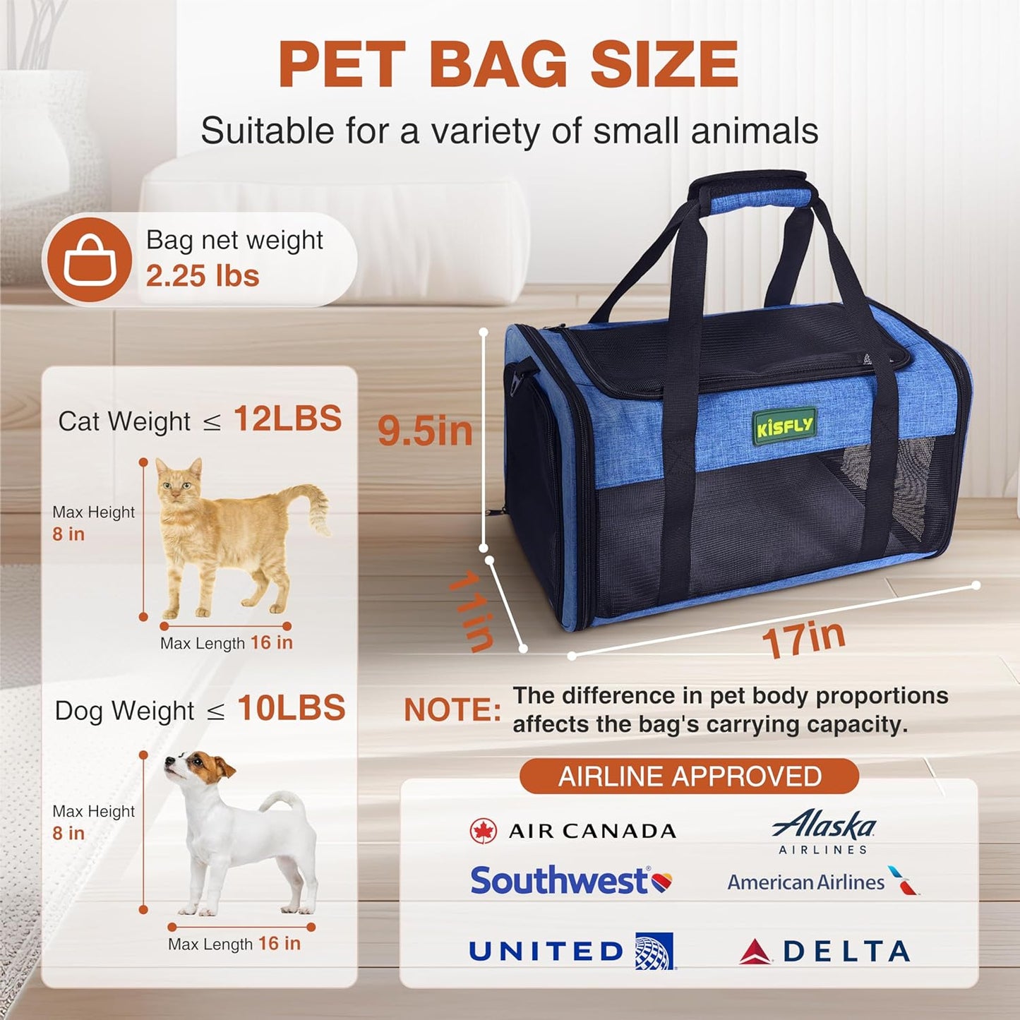 TSA-Approved Under-Seat Airline Pet Carrier – Soft-Sided, Foldable Travel Bag for Cats, Puppies, Rabbits & Hamsters (17"x11"x9.5"), Fits Pets up to 12 lbs, Blue