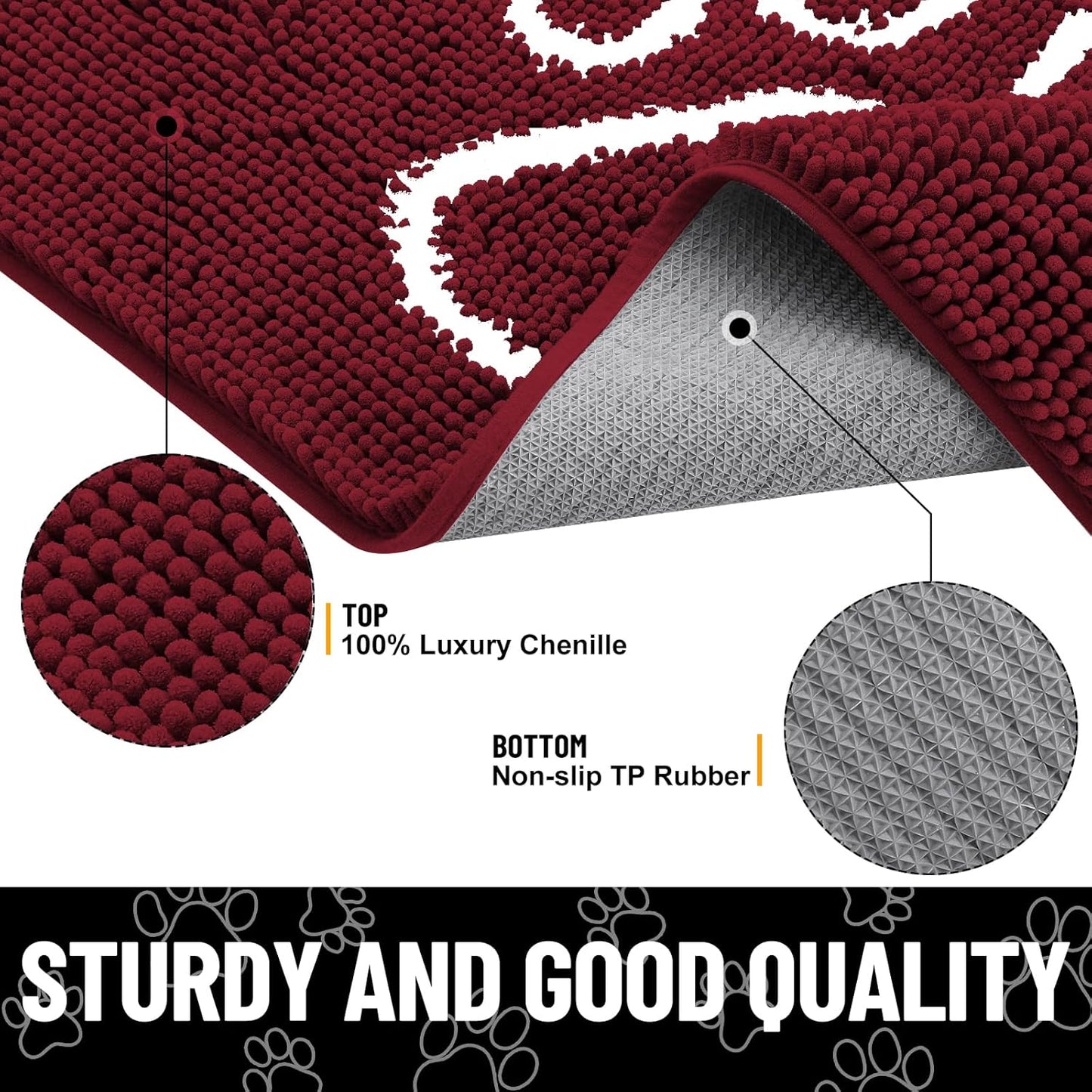 Smiry Dog Door Mat for Muddy Paws, Absorbent Dirt Trapper Non Slip Quick Dry Washable Chenille Mat for Mud Dogs, Entry Rug for Indoor and Outdoor (24x16 Inches, Burgundy)