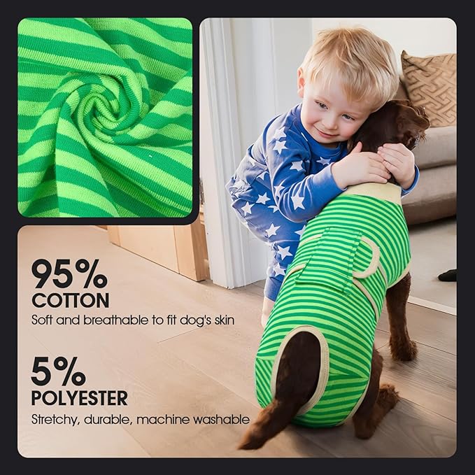 FUAMEY Dog Recovery Suit Male,Dogs Surgery Neuter Suits Puppy Spay Shirts for Female Protect Dog's Skin Anti Licking Abdominal Wounds Doggie Onesie Pet Bodysuit Alternative to Cone Green Stripes XL