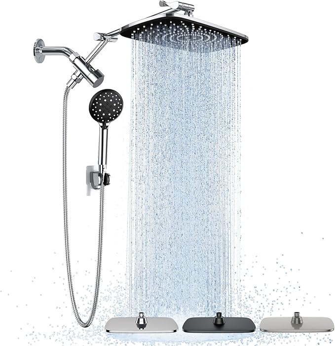 Veken Wide Rain Shower Head with Metal Main Body, High Pressure Showerhead with 6 Mode Handheld Spray Combo for Bathroom Accessories, Home Decor Detachable Dual Shower with Extension Arm,Silver Chrome