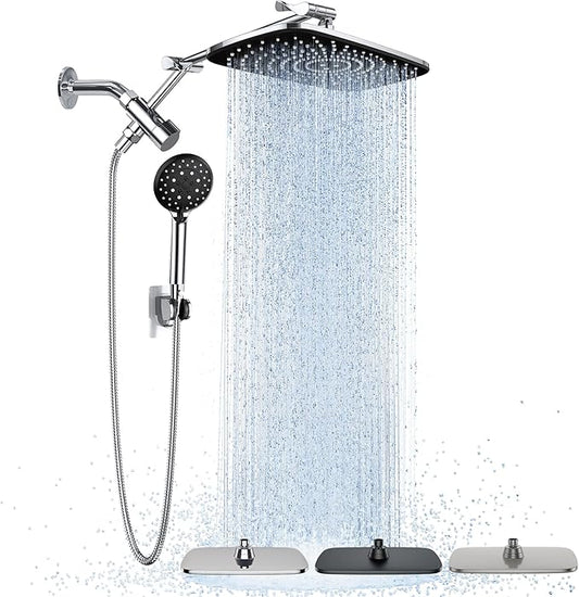 Veken Wide Rain Shower Head with Metal Main Body, High Pressure Showerhead with 6 Mode Handheld Spray Combo for Bathroom Accessories, Home Decor Detachable Dual Shower with Extension Arm,Silver Chrome
