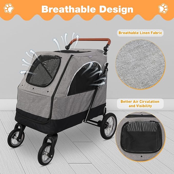 4 Wheel Pet Stroller with Storage Basket - Foldable & Breathable with Mesh Skylight, Large Dog Stroller with Adjustable Handle - Ideal for Travel and Walking with Medium to Large Dogs, Up to 120 lbs