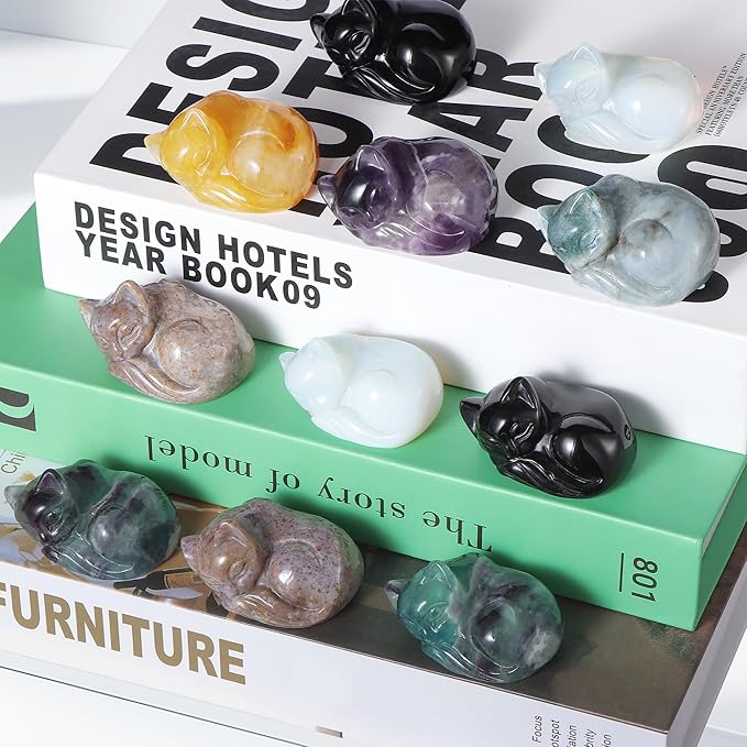 2" Sleeping Cat Statue Rainbow Fluorite Healing Crystals Hand Carved Cute Kitten Figurine, Worry Stone for Anxiety Relif Home Desk Decor Animal Figurine
