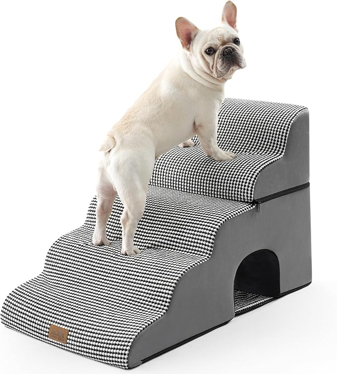 Wide Dog Stairs with Tunnel, Foam Detachable Large Dog Step for Small Pet, Puppy or Cats, Medium Pet Ramp for High Bed, Couch, Sofa or Car, 19.7x33x22.4 inch, 5 Step, White Black
