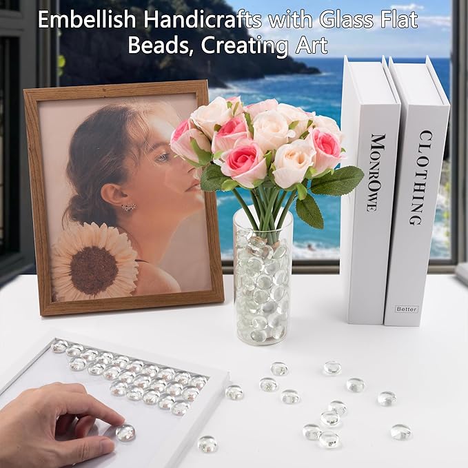 1 LB Clear Glass Marbles, Transparent and Smooth Flat Glass Beads for Vases, Mosaic Gem Pebbles for Aquarium Decor, Floral Arrangements, Mancala Stones, Vase Filler and Crafts (Approx. 80-100 PCS)