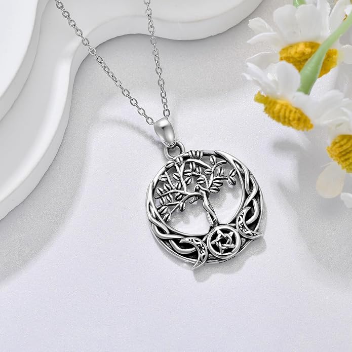 Witch Necklace 925 Sterling Silver Pentagram Triple Moon Pentacle Pendant Wiccan Pagan Jewelry Witchy Gifts for Women