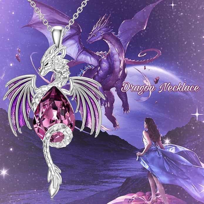 Dragon Necklace for Men Sterling Silver Birthstone Wyvern Necklace Embllished with Teardrop Shaped Crystal Jewelry for Women