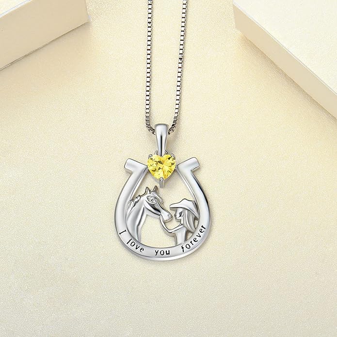 YL Women's Horse Necklace 925 Sterling Silver Horseshoe Pendant Birthstone Animals Jewelry