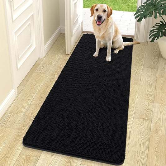 OLANLY Dog Door Mat for Muddy Paws 70x24, Absorbs Moisture and Dirt, Absorbent Non-Slip Washable Doormat, Quick Dry Chenille Mud Mat for Dogs, Entry Indoor Entryway Carpet for Inside Floor, Black