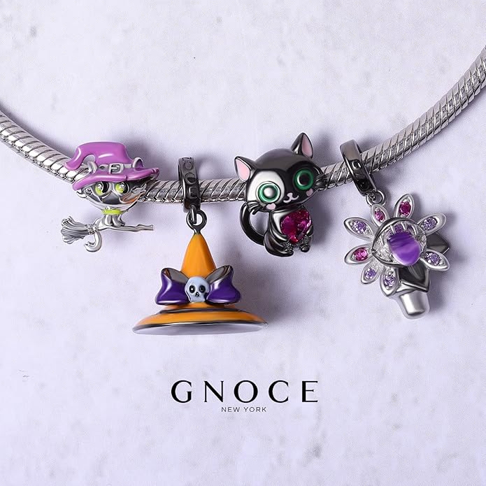 GNOCE Black Cat Embraces Heart Gemstone Charm Bead Sterling Silver Fit Bracelet/Necklace Jewelry Gift For Women Wife