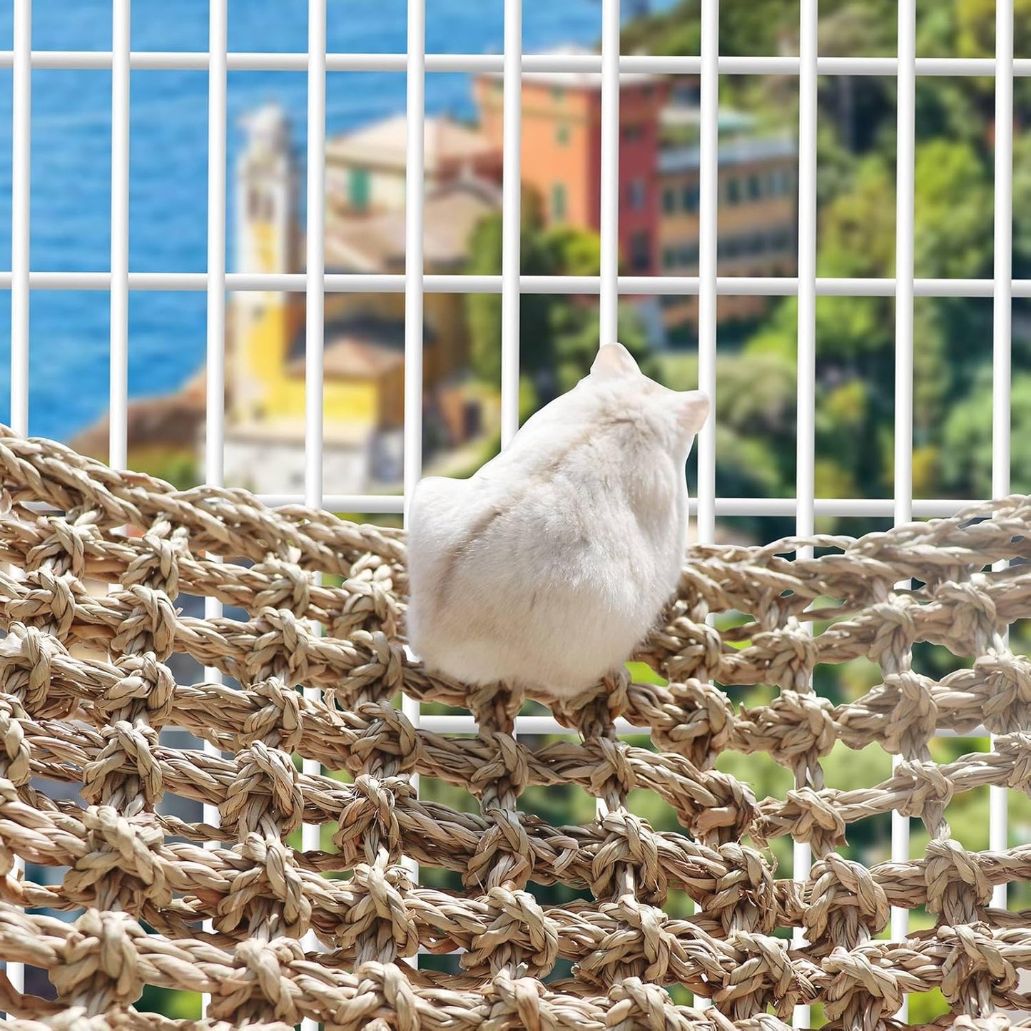 Rat Climbing Toys, 39 x 7 inch Small Animals Seagrass Mat Toy, Cat Climbing Toys, Natural Seagrass Woven Net Hammock with Hooks, Cage Accessories for Hamster Guinea Pig Parrot Parakeets Cockatiels