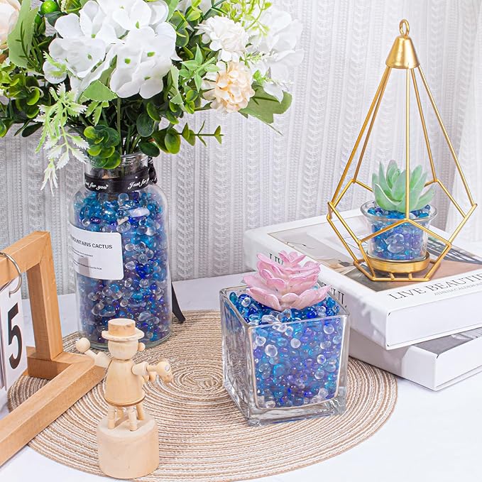 Keedolla 15 Oz Blue Mix Aquarium Glass Pebbles Stones Fish Tank Rocks Gravel, Aquarium Rocks Glass Gems Stones for Crafts, Vase Fillers, Garden, Succulent Plants Decor