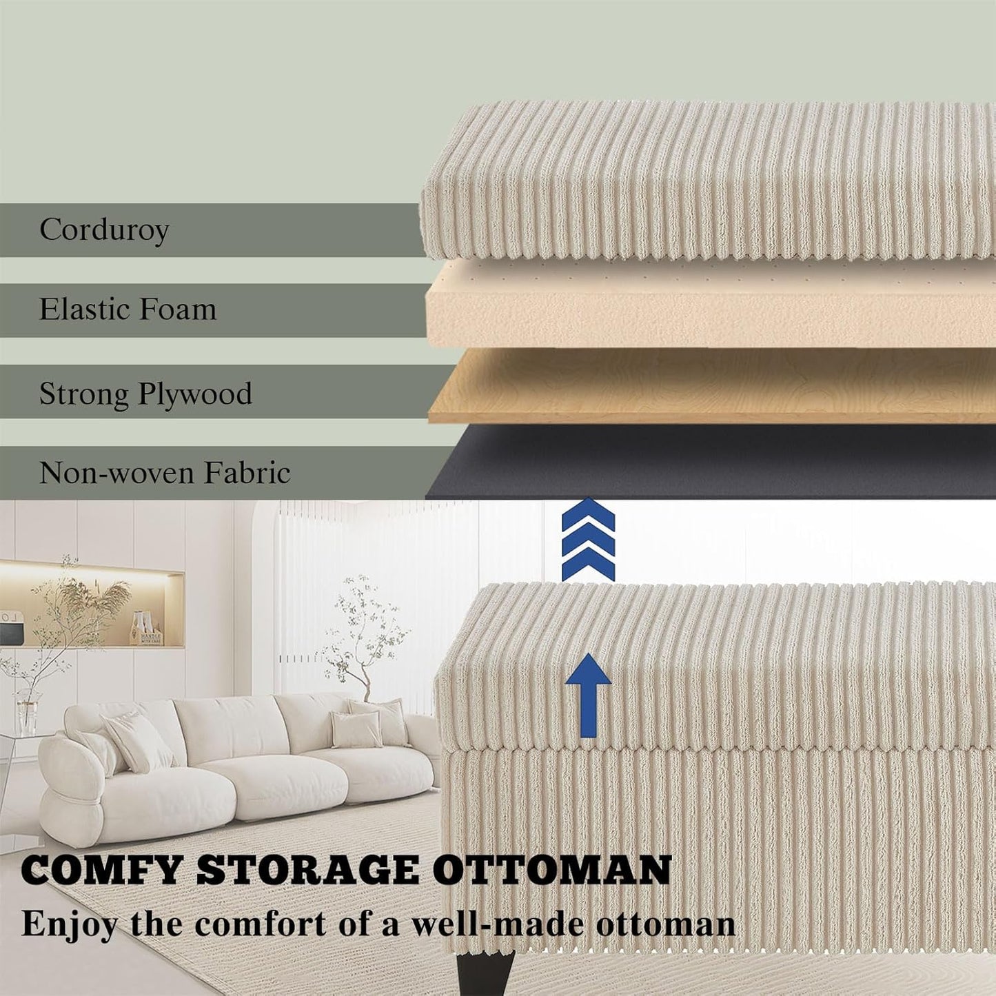 48" Ottoman with Storage, Corduroy Storage Ottoman Bench for Bedroom, End of Bed Bench with Safety Hinge for Living Room, Bedroom, Entryway, Beige