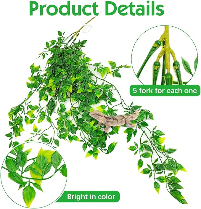 Hamiledyi Reptile Plants, 2 Pack Hanging Terrarium Plants Vines, Fake Amphibian Plants, Artificial Leaves Habitat Decorations with Suction Cup for Bearded Dragon Lizard Geckos Chameleon