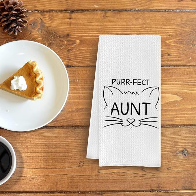 Funny Cat Kitchen Towels for Aunt, Purr-FECT Aunt Hand Towels, Waffle Weave for Kitchen & Bathroom, Cat Lovers' Gift, 16x24 Inch