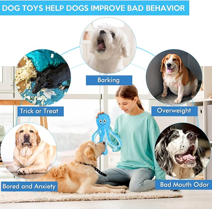 Squeaky Dog Toys Octopus Stuffed Crinkle Toy, Puppy Chew Toys for Teething, Durable Tug of War Interactive Plush Dog Toys for Puppies Small, Medium, and Large Dogs