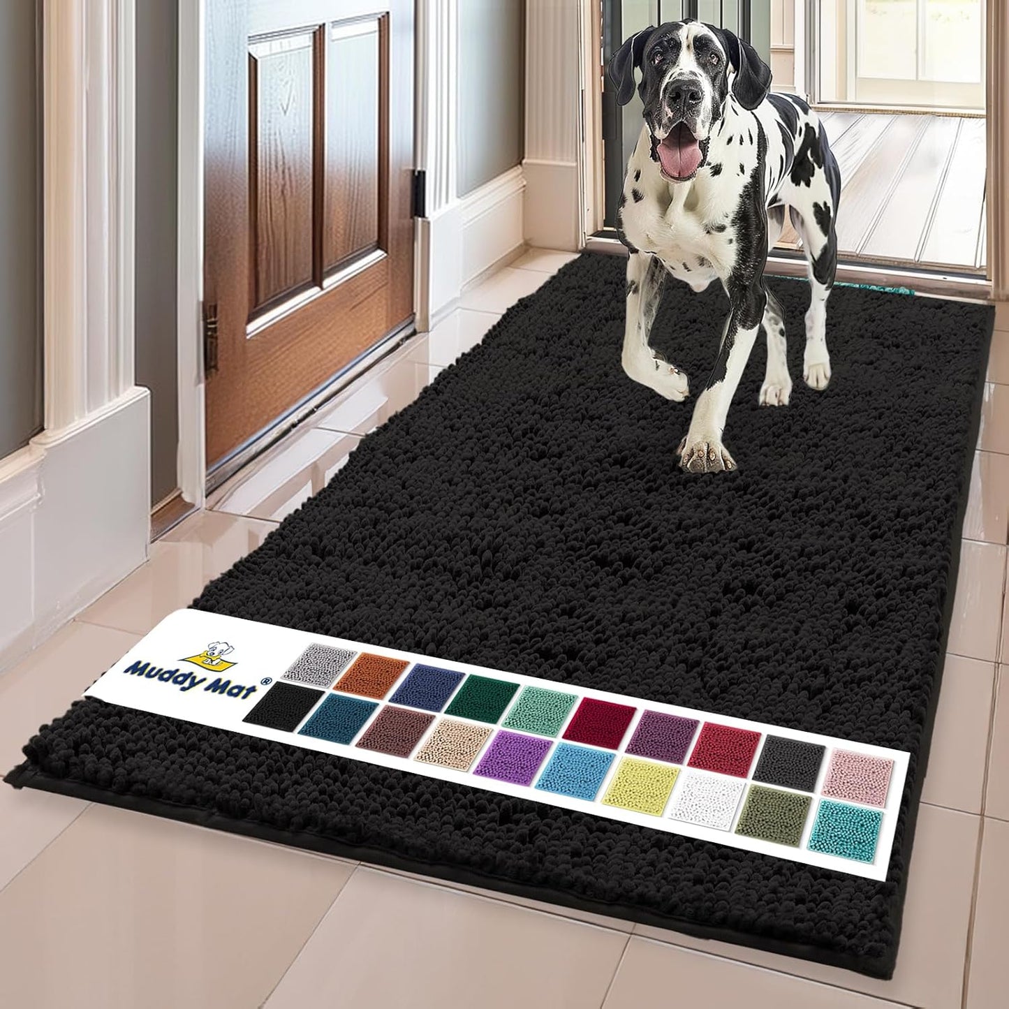 Muddy Mat® Shown on TV – Super Absorbent Door Mat Indoor, Microfiber Quick Dry Chenille Entryway Rug, Non-Slip Front Door Mat, Indoor Mats for Entryway, Machine Washable Pet Rug, Black 36"x60"