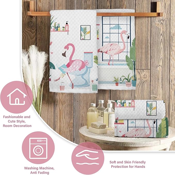 Pink Flamingo Decor Kitchen Towels for Bathroom Set of 2, Flamingo Bathroom Decor, Flamingo Gifts for Women, Cute Flamingos Waffle Weave Dish Towels 18x26 Inch