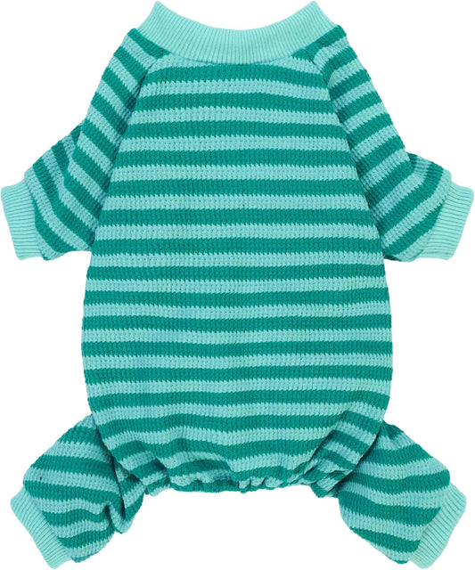 Fitwarm Green and Teal Striped Dog Pajamas, Waffle Dog Clothes for Small Dogs Girl Boy, Puppy Onesie with Feet, Pet Cat Outfit, Large