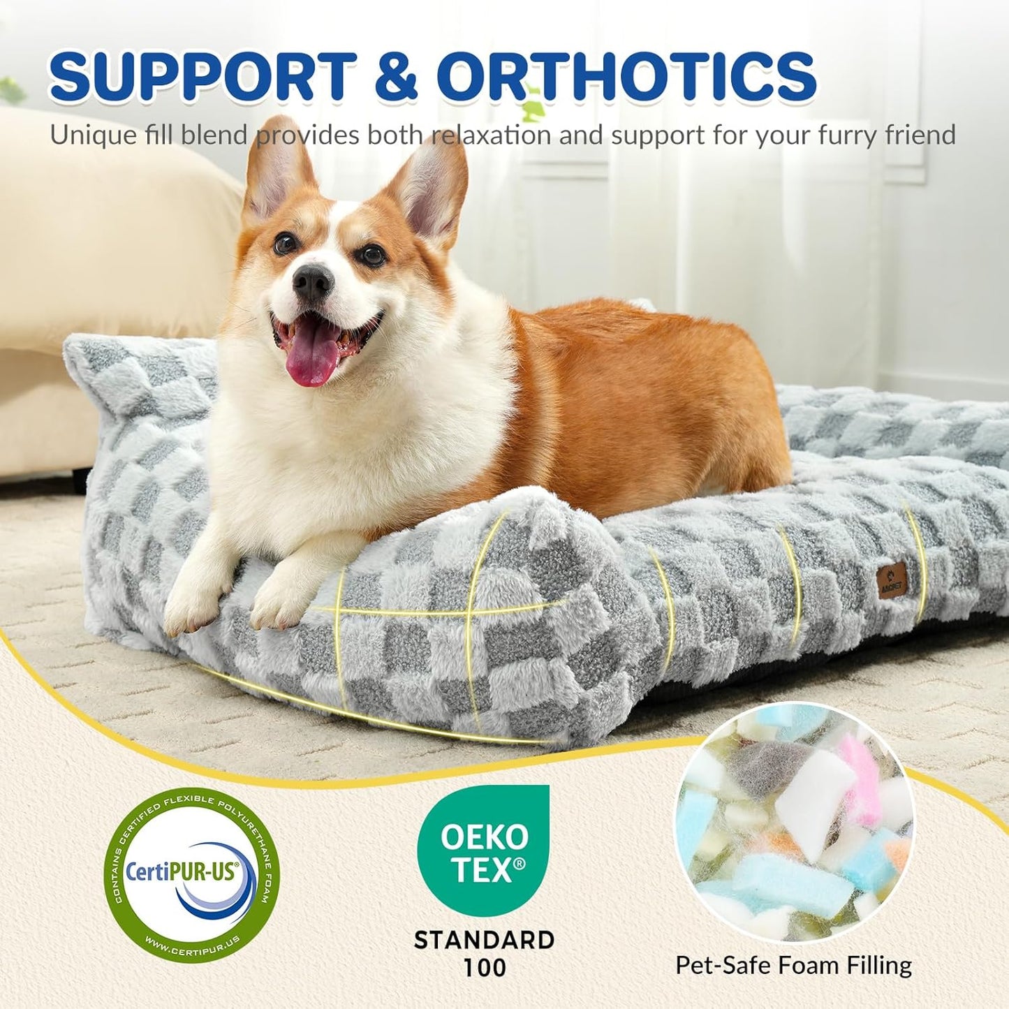 Large Dog Bed Sofa, Fluffy Pet Bed for Medium and Large Dogs, Supportive Dog Couch Sofa for Dogs, Pet Sofas with Washable Cover & Non-Slip, 38 inch, Grey