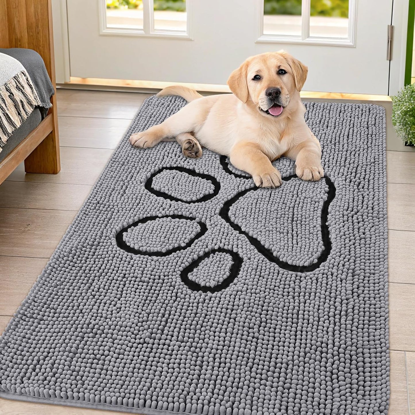 Smiry Dog Door Mat for Muddy Paws, Absorbent Dirt Trapper Non Slip Quick Dry Washable Chenille Mat for Mud Dogs, Entry Rug for Indoor and Outdoor (32x44 Inches, Grey)