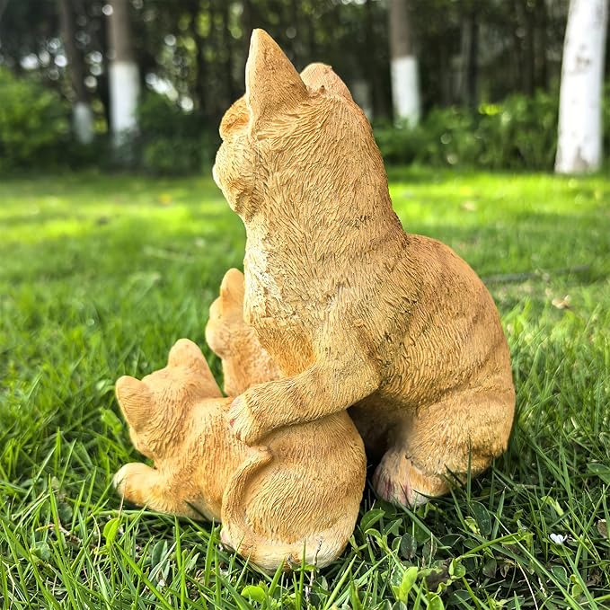Mama Cat and Kitten Garden Statue,Outdoor Lawn Decorative Figurine Yellow Cat Statue for Patio Yard,Funny Animal Flower Bed Decor Art Sculpture