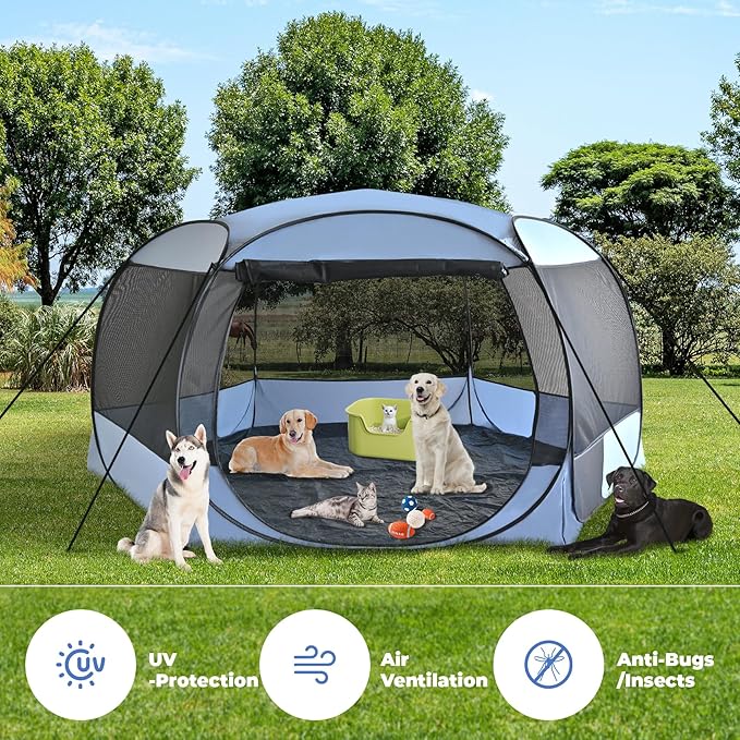 XXLarge Popup Portable Dog Houses, 10'x4.8'H Assembly-Free Gazebo-Style Kennel Dog Playpen Pet Screen Tent Sun Shade Shelter, Dog Crates Canopy for Travel Camping Anti-Bugs with Leakproof Bottom