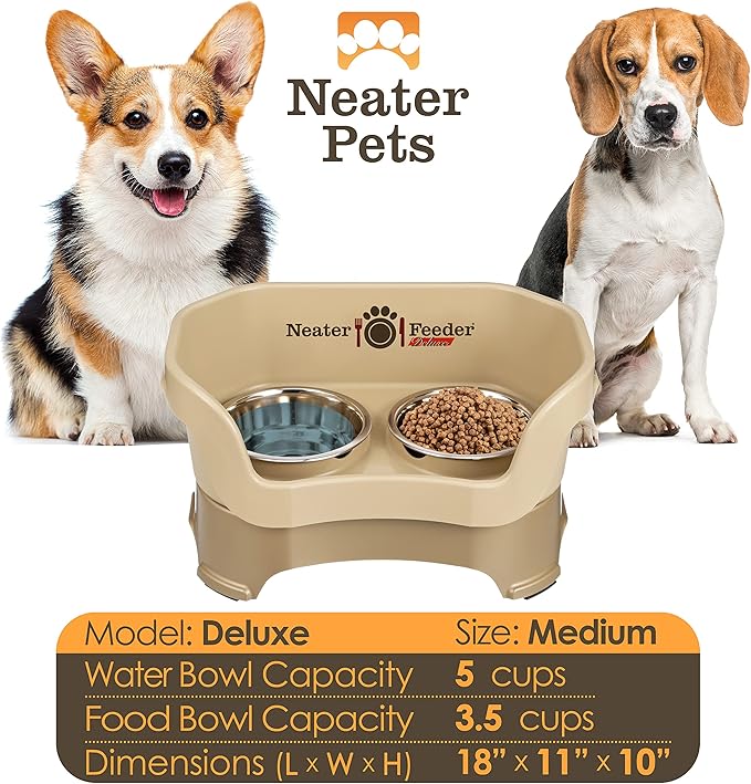 Neater Pet Brands Neater Feeder Deluxe Mess Proof Dog Bowls Elevated for Medium Dogs 19-40 lbs, Made in USA, No Spill Raised Dog Food Bowl Stand Feeding Station, Food and Water Bowl Set, Cappuccino