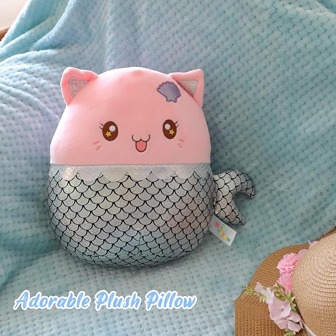 12” Mermaid Cat Plush Pillow Soft Mermaid Stuffed Animal Cute Cat Plush Toy Birthday Christmas Festival Gifts for Kids