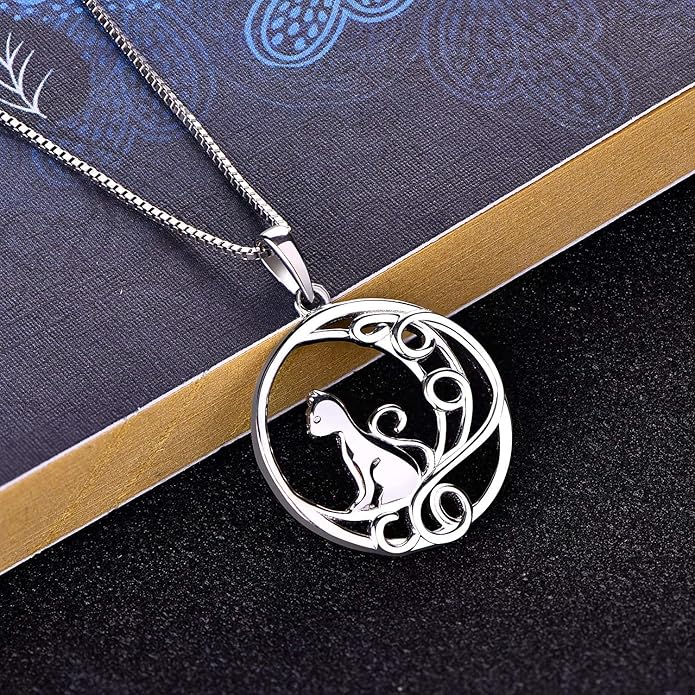 YL Women's Cat Necklace 925 Sterling Silver Heart Pendant Filigree Moon Jewelry for Girls