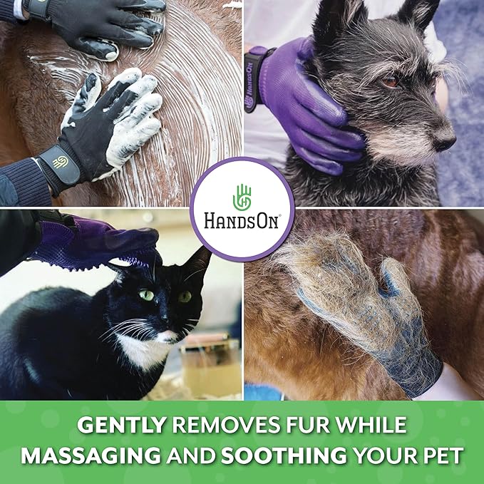 H HandsOn Pet Grooming Gloves - Patented #1 Ranked, Award Winning Shedding, Bathing, & Hair Remover Gloves - Gentle Brush for Cats, Dogs, and Horses (Green, Junior)