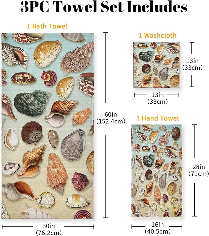 Vintage Seashells 3 Piece Towel Bathroom Sets, 1 Bath Towel, 1 Washcloth, 1 Hand Towel, Cotton Fast Dry Soft Absorbent Towel Set for Home Kitchen Family