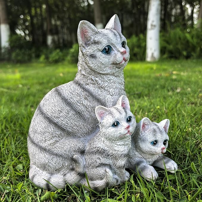 Mama Cat and Kitten Garden Statue,Outdoor Lawn Decorative Figurine Grey Cat Statue for Patio Yard,Funny Animal Flower Bed Decor Art Sculpture