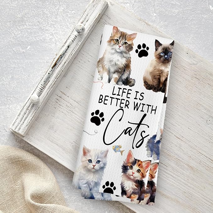 Watercolor Cat Gifts Kitchen Towels, Cat Gifts for Women, Cat Gifts for Cat Lovers, Best Cat Mom Gift, Life is Better with Cats Kitty Decoration Tea Towels Kitchen Hand Towels 16x24 Inch