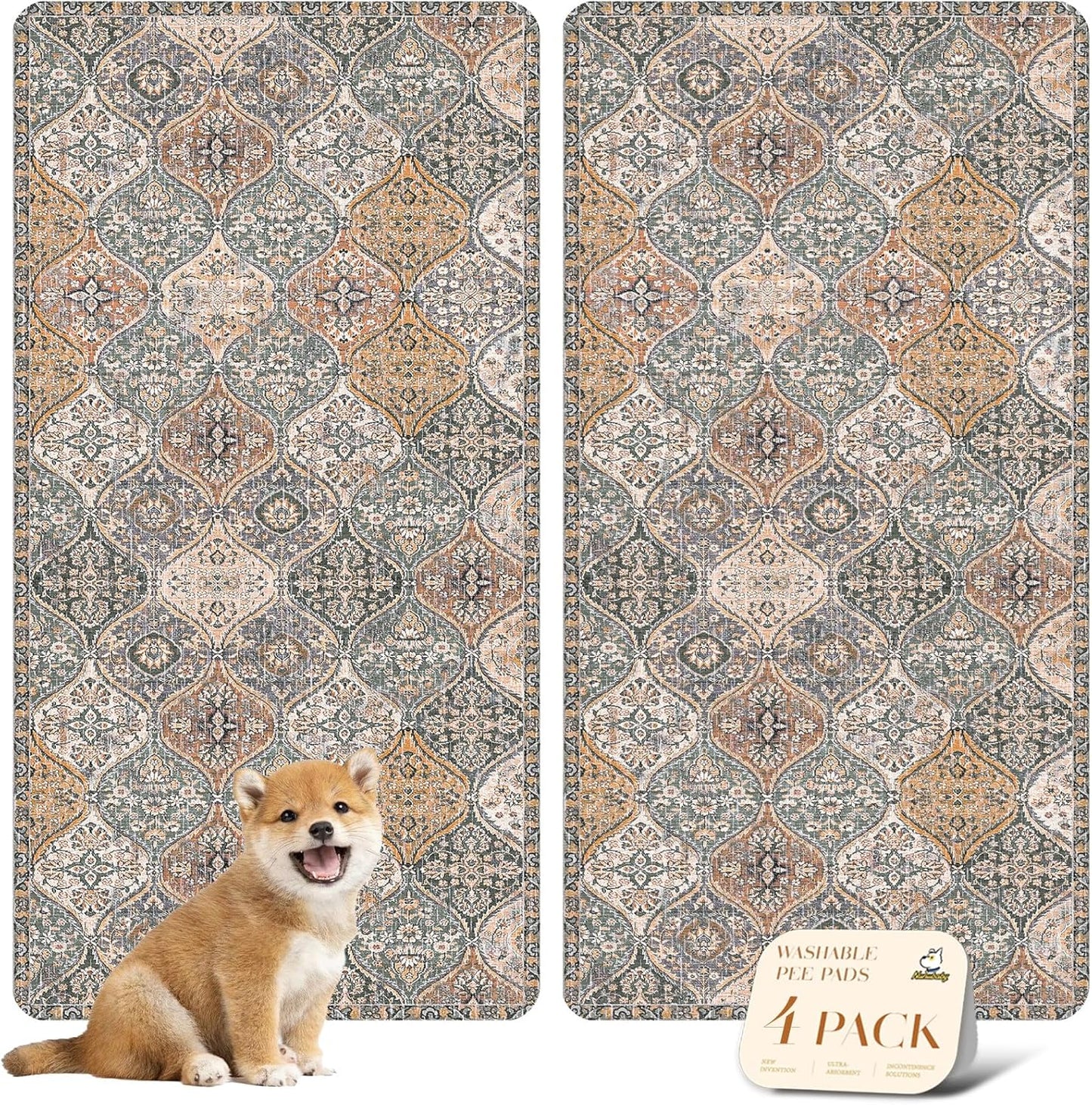 nunubaby 4PACK Washable Pee Pads for Dogs, Stylish, Non-Slip and Leak-Proof Pee Pads. Reusable Potty Pads for Dogs for Crates and Floors.(Brown/Multi, 24" x48")