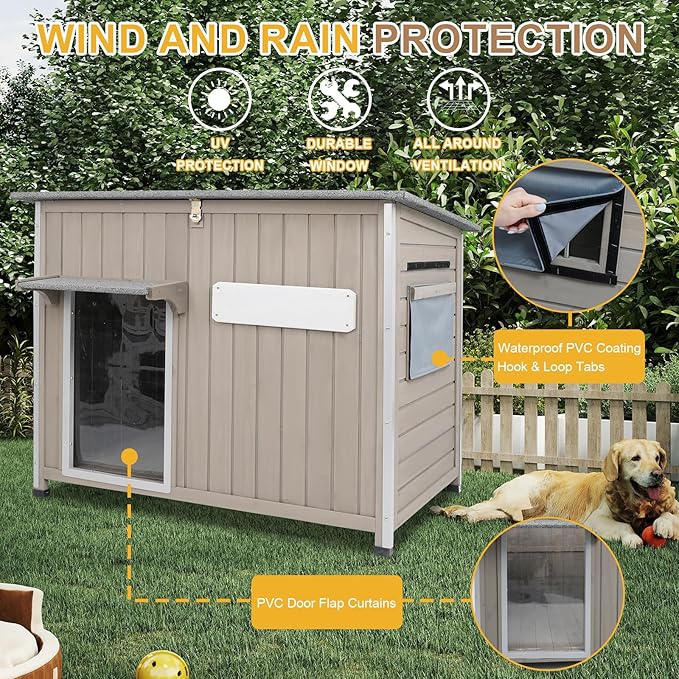 Weatherproof Outdoor Dog House, Wooden Puppy Shelter with Anti-Chewing Iron Frame and Elevated Floor, Sturdy Dog Kennel for Small, Medium & Large Dogs, Grey (Gray, 40" L x 26" W x 31" H)