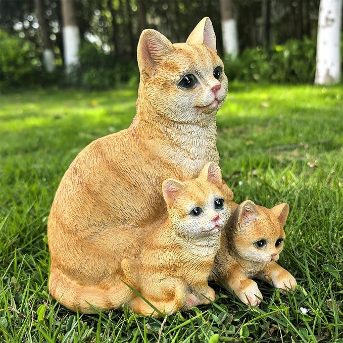 Mama Cat and Kitten Garden Statue,Outdoor Lawn Decorative Figurine Yellow Cat Statue for Patio Yard,Funny Animal Flower Bed Decor Art Sculpture