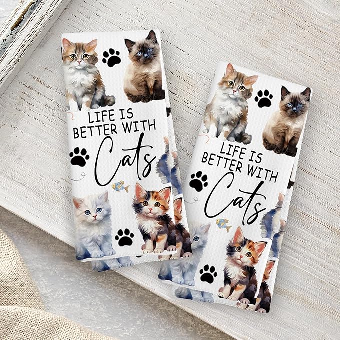 Watercolor Cat Kitchen Towels Set of 2, Cats Gifts for Women Cat Lovers, Cats Owner Gifts Decoration Tea Towels Kitchen Hand Towels 16x24 Inch