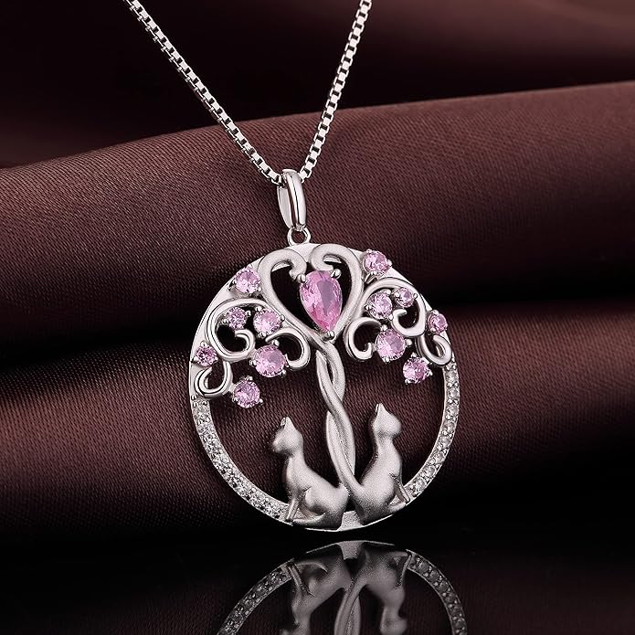 jiamiaoi 18K White Gold Plated Cat Necklace 925 Sterling Silver Diamond Cat Necklace Silver Cat On Moon Necklace for Women Gift for Birthday/Christmas, Come with Gift Box